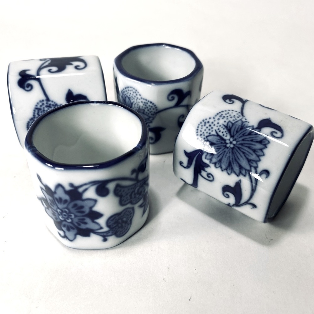 4 Pier 1 Mandarin Blue and White Porcelain Napkin Ring Holders Cottagecore